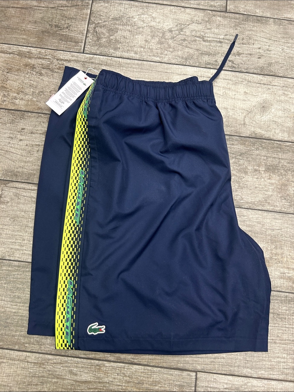 Lacoste Navy Boys' Athletic Shorts with Yellow and Green Side Stripe NWT